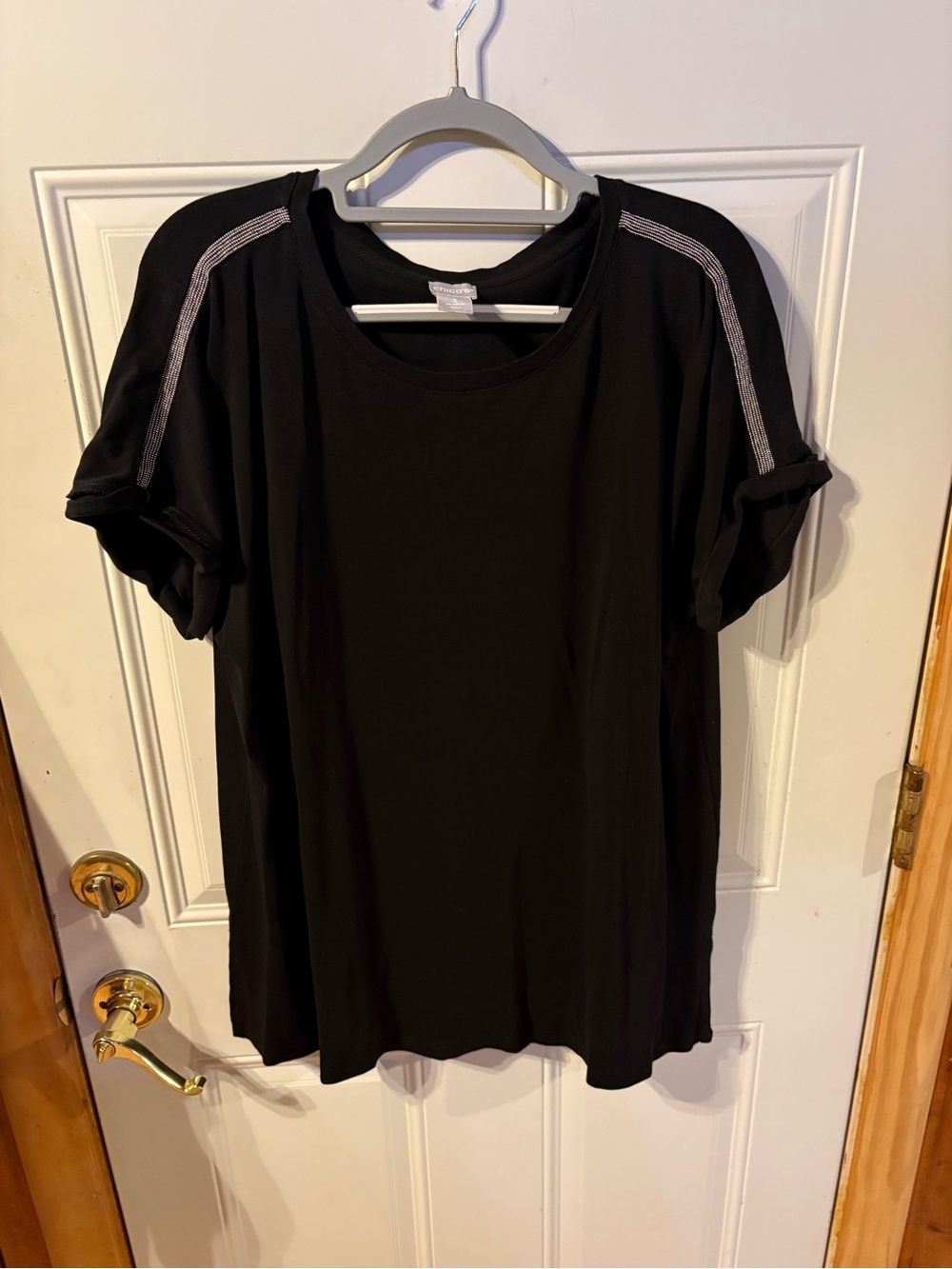 Chicos Black Women’s Short Sleeve Crewneck Top with Shoulder Trim Size 3 = XL